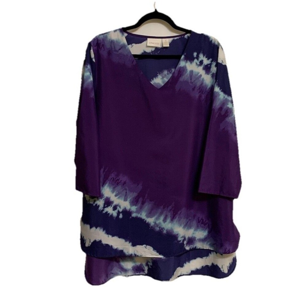 Chicos Size 3 Womens XL Top Tunic Purple Tie Dye V Neck 3/4 Sleeve High Low Hem